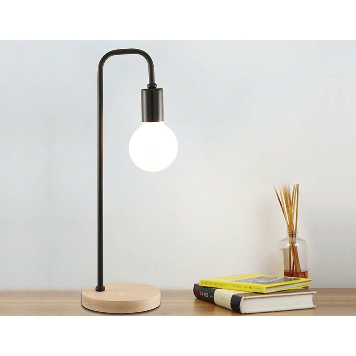 Modern Black Table Lamp Desk Light Timber Base Bedside Bedroom