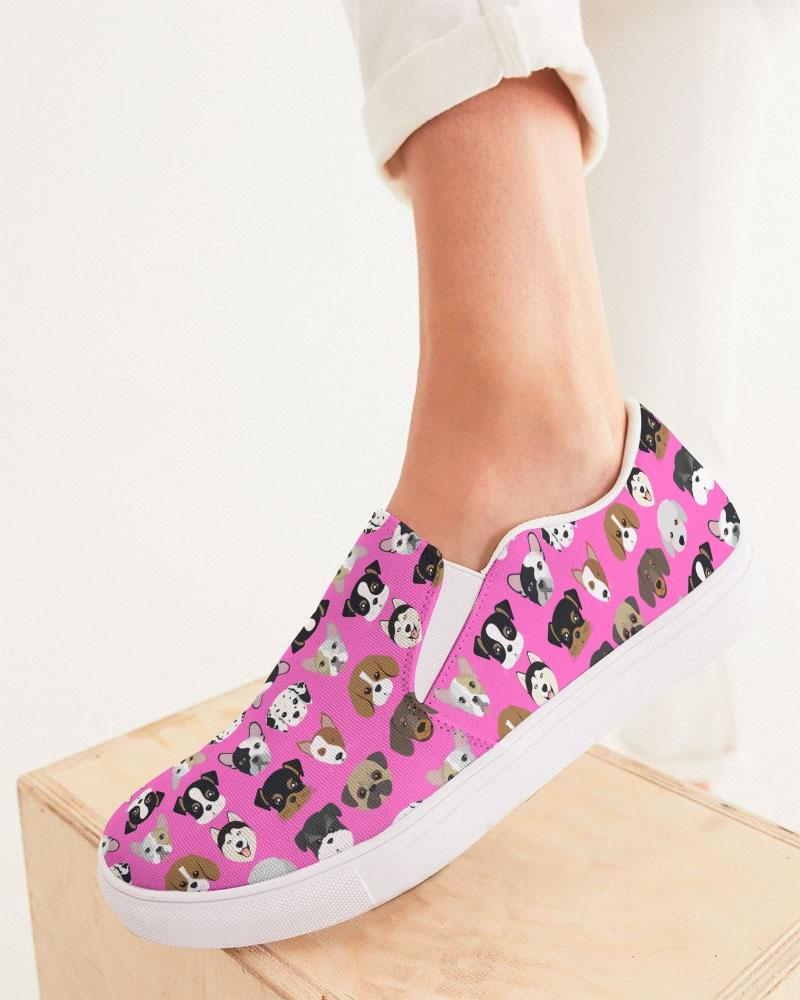 Womens Sneakers - Canvas Slip Ons, Pink Doggie Love Print - Horizon Bliss