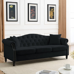 79" Chesterfield Sofa Black Velvet for Living Room, 3 Seater Sofa - Horizon Bliss