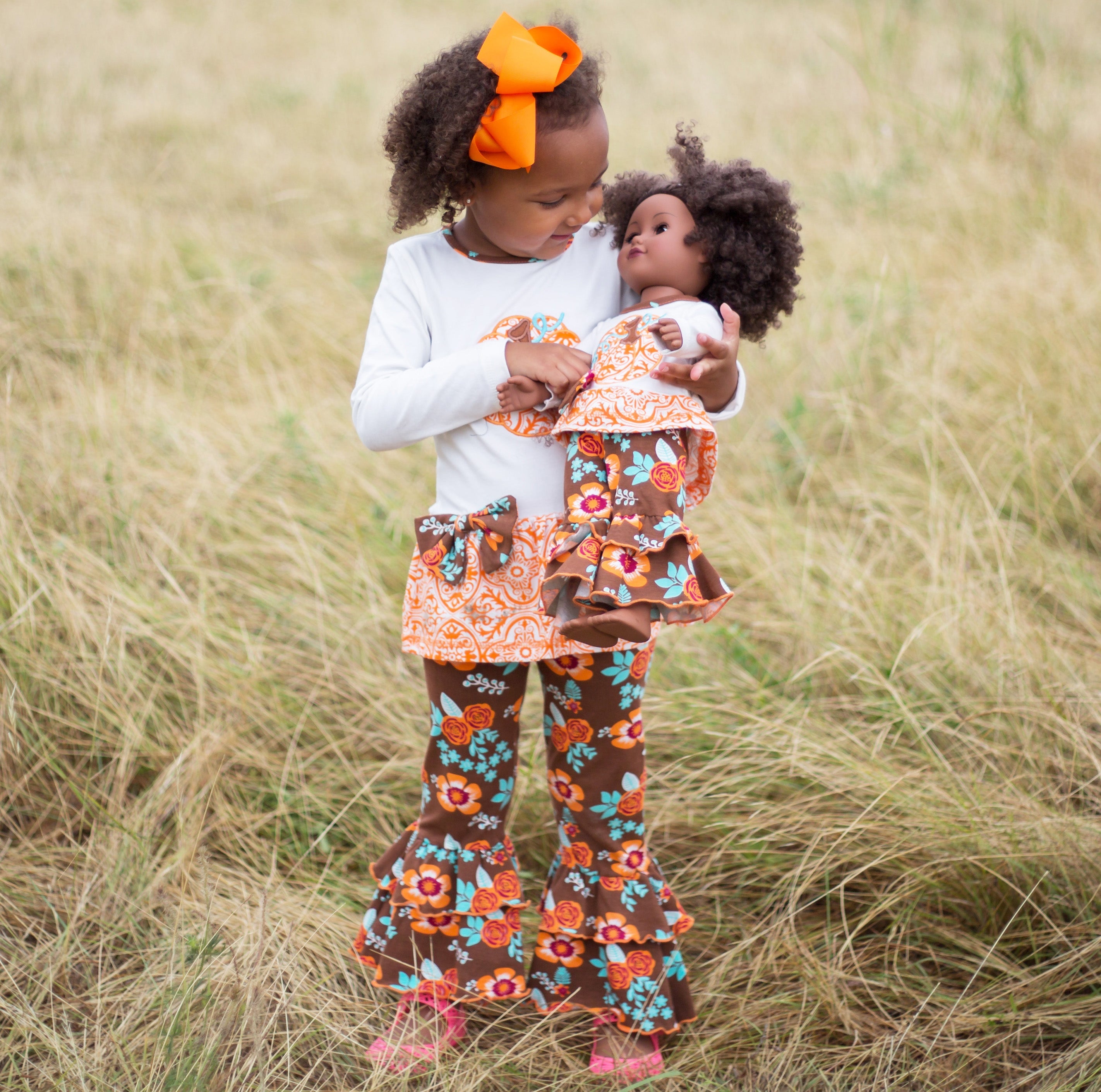 Big Girls Orange Pumpkin Autumn Floral Thanksgiving Tunic & Ruffle Pan - Horizon Bliss