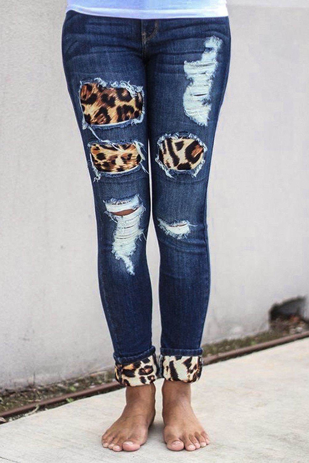 Fashion Women's Blue Hollow Out Leopard Splice Ripped Jeans - Horizon Bliss