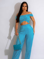 Sexy Off Shoulder Crop Top and Wide Leg Pants Set - Horizon Bliss