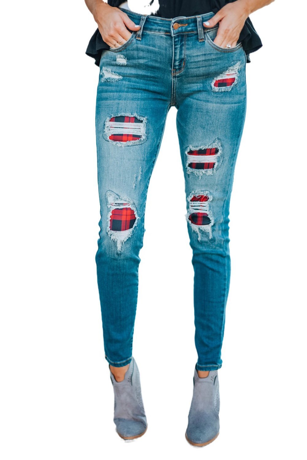 Women's Fashion Red Plaid Patch Destroyed Skinny Jeans - Horizon Bliss