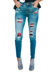 Women's Fashion Red Plaid Patch Destroyed Skinny Jeans - Horizon Bliss