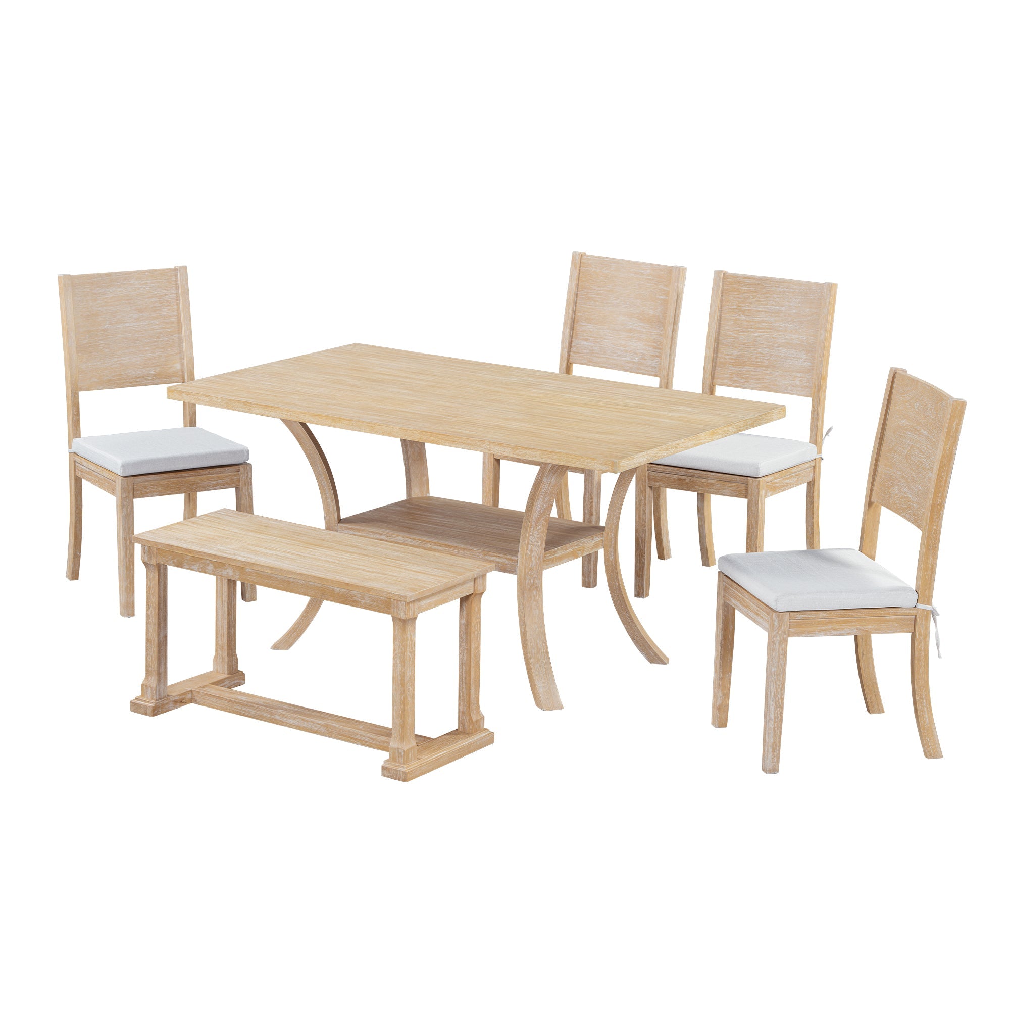 6-Piece Wood Dining Table Set with Storage Shelf and Curved Legs,