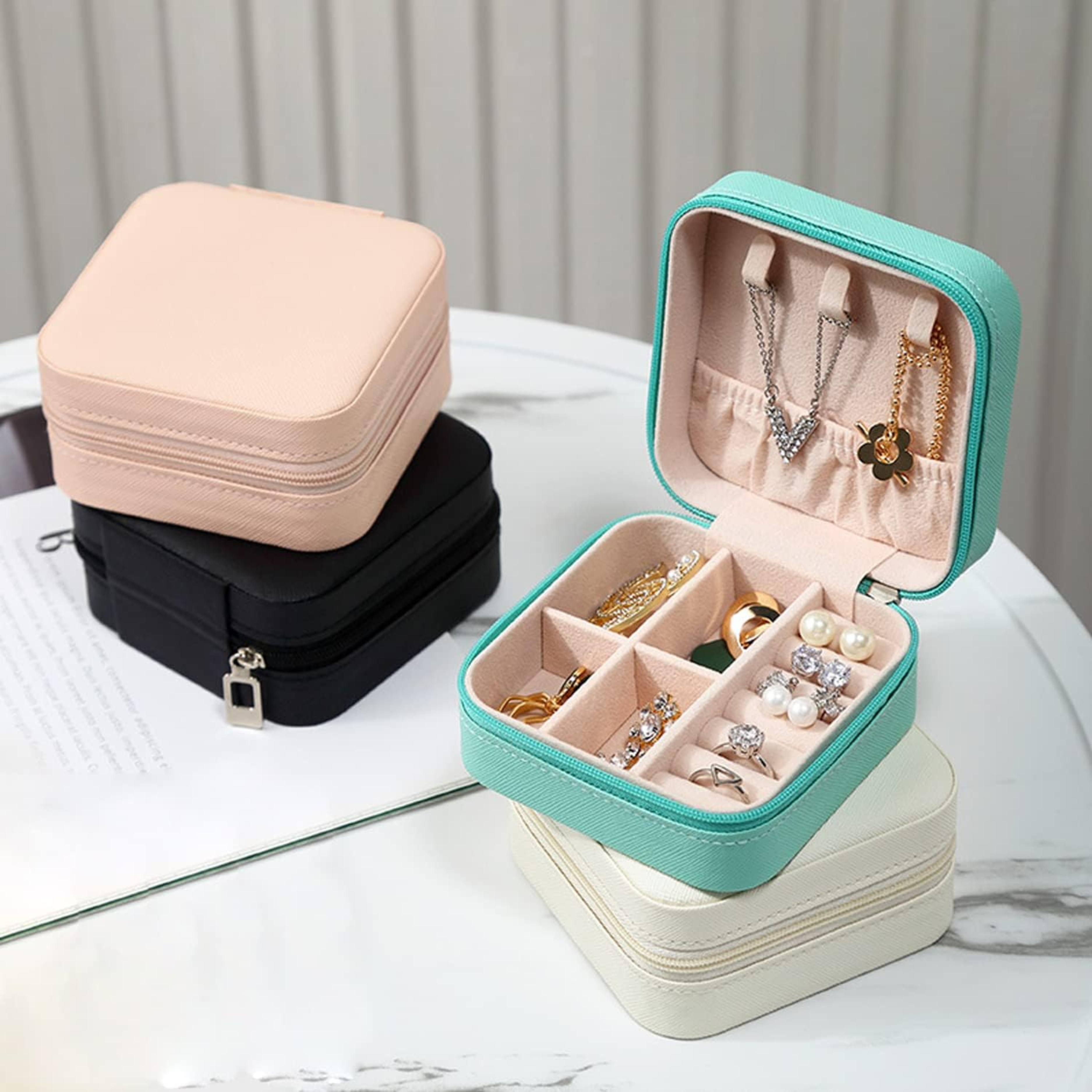 Mini Jewelry Travel Case, PU Leather Organizer Box, Small Portable Jewellery Storage Holder for Womens Rings Earrings Necklaces Bracelets (Pink) - Horizon Bliss