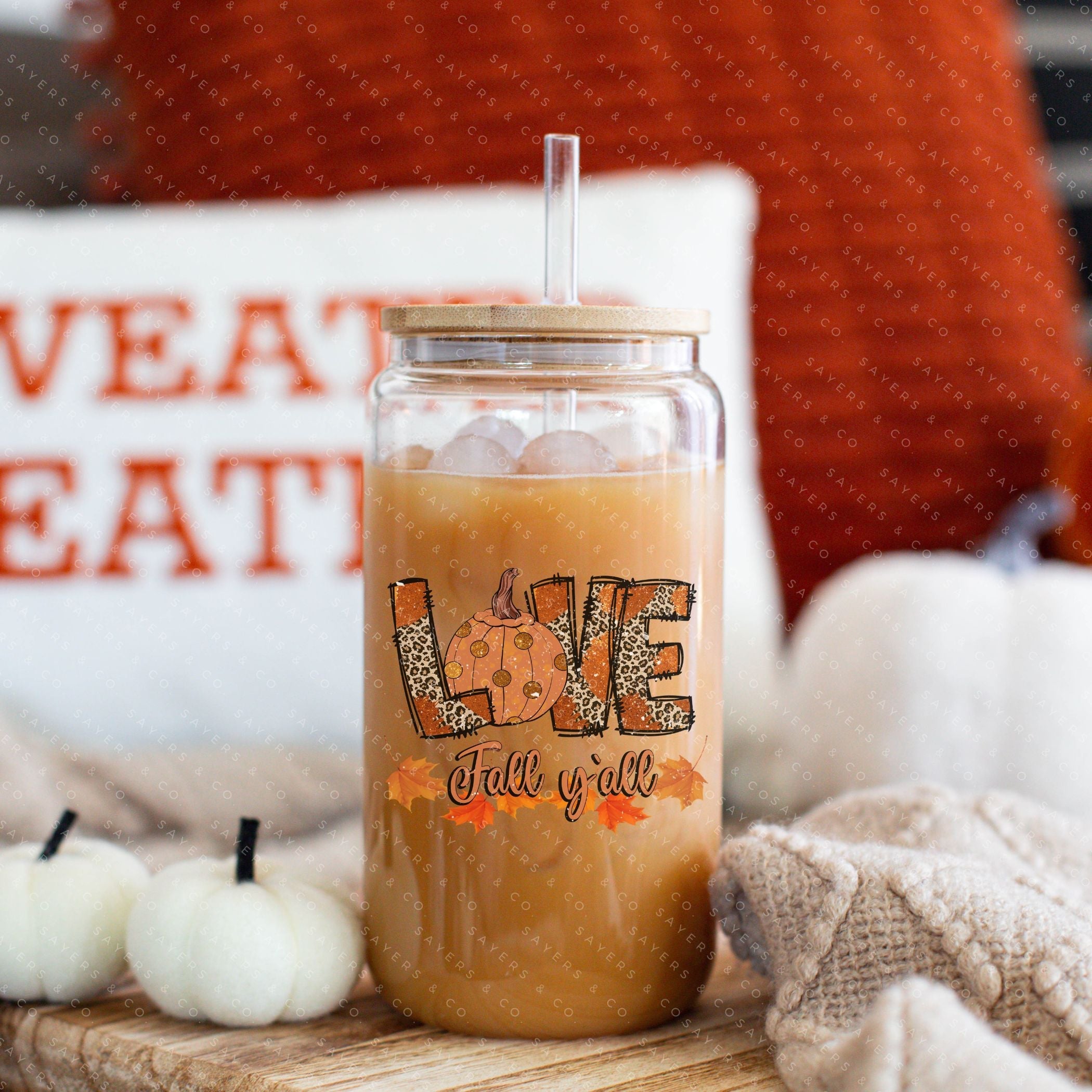 16oz Love Fall Yall Design Glass Cup with Bamboo Lid & Straw #100168