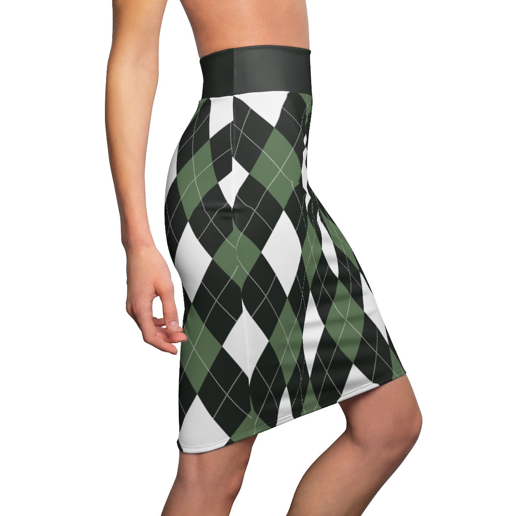 Womens Pencil Skirt, Green And White Argyle Stretch Mini, S510537 - Horizon Bliss