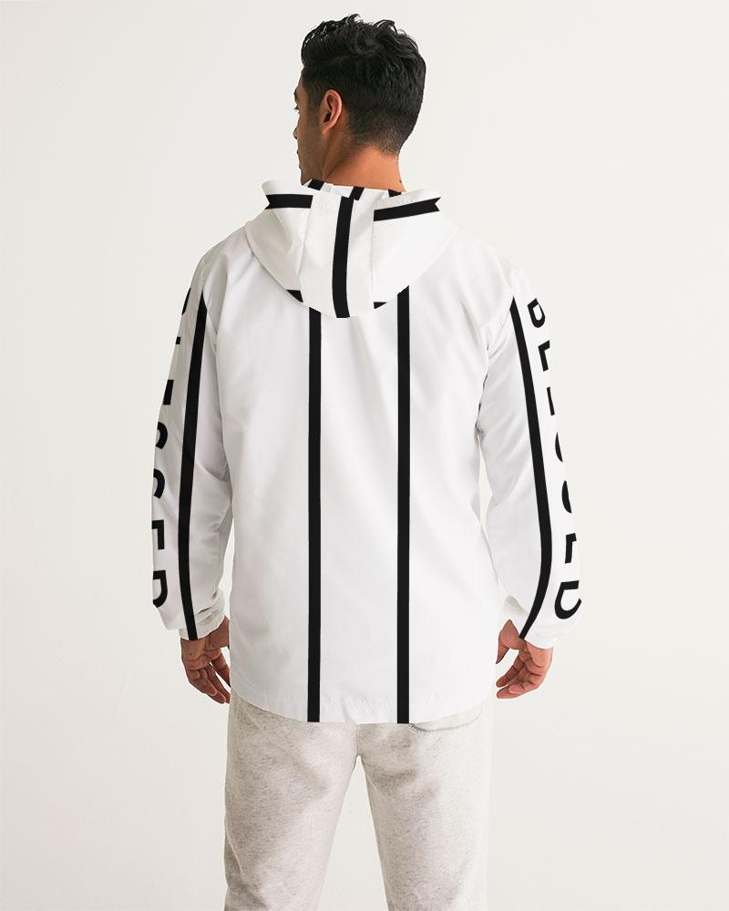 Mens Hooded Windbreaker - Blessed Sleeve Stripe White Water Resistant - Horizon Bliss