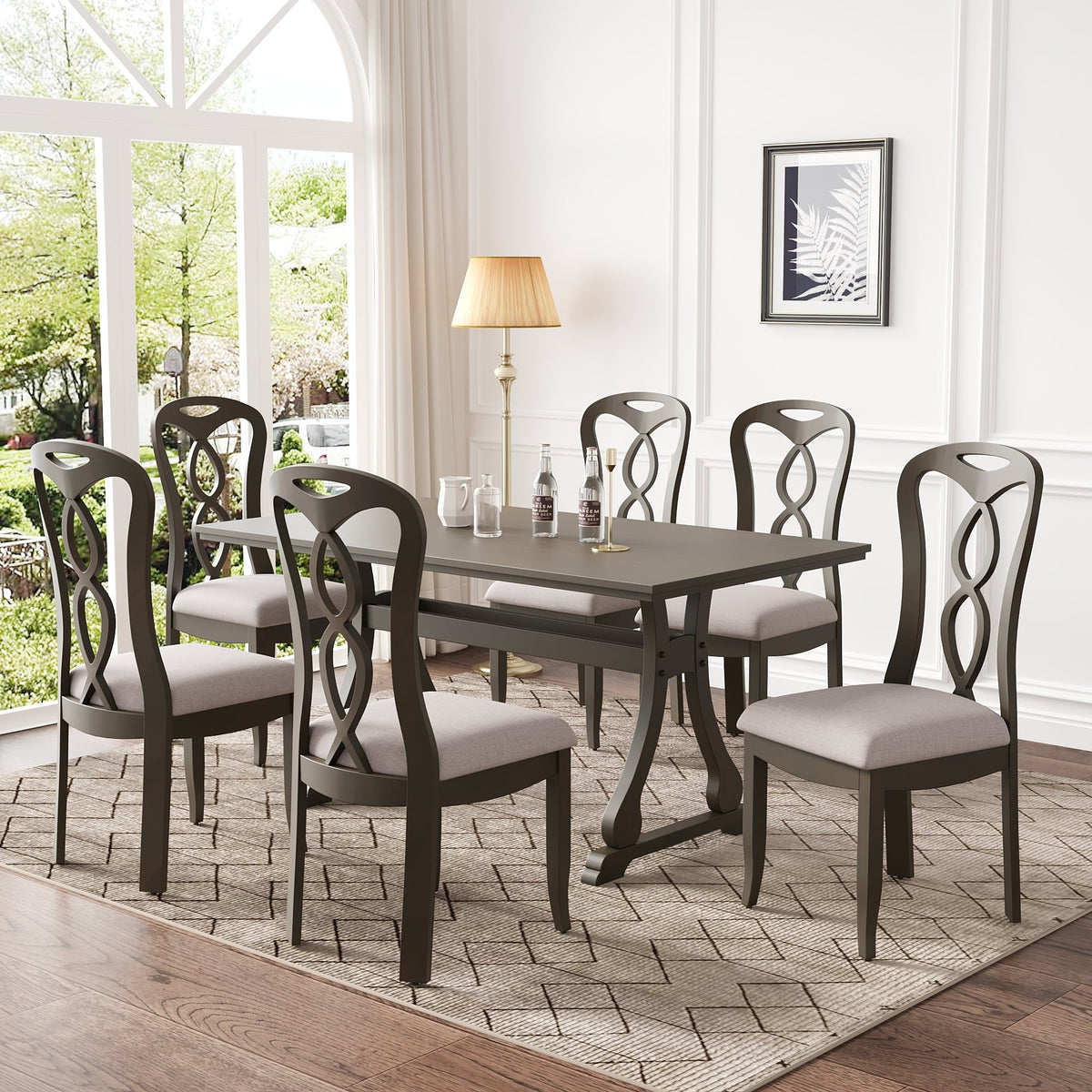 Retro 7-Piece Trestle Dining Table Set with Upholstered Dining Chairs,