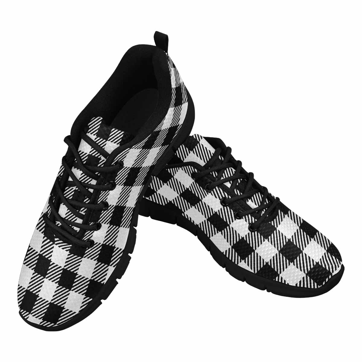 Sneakers For Men, Buffalo Plaid Black And White Running Shoe - Horizon Bliss