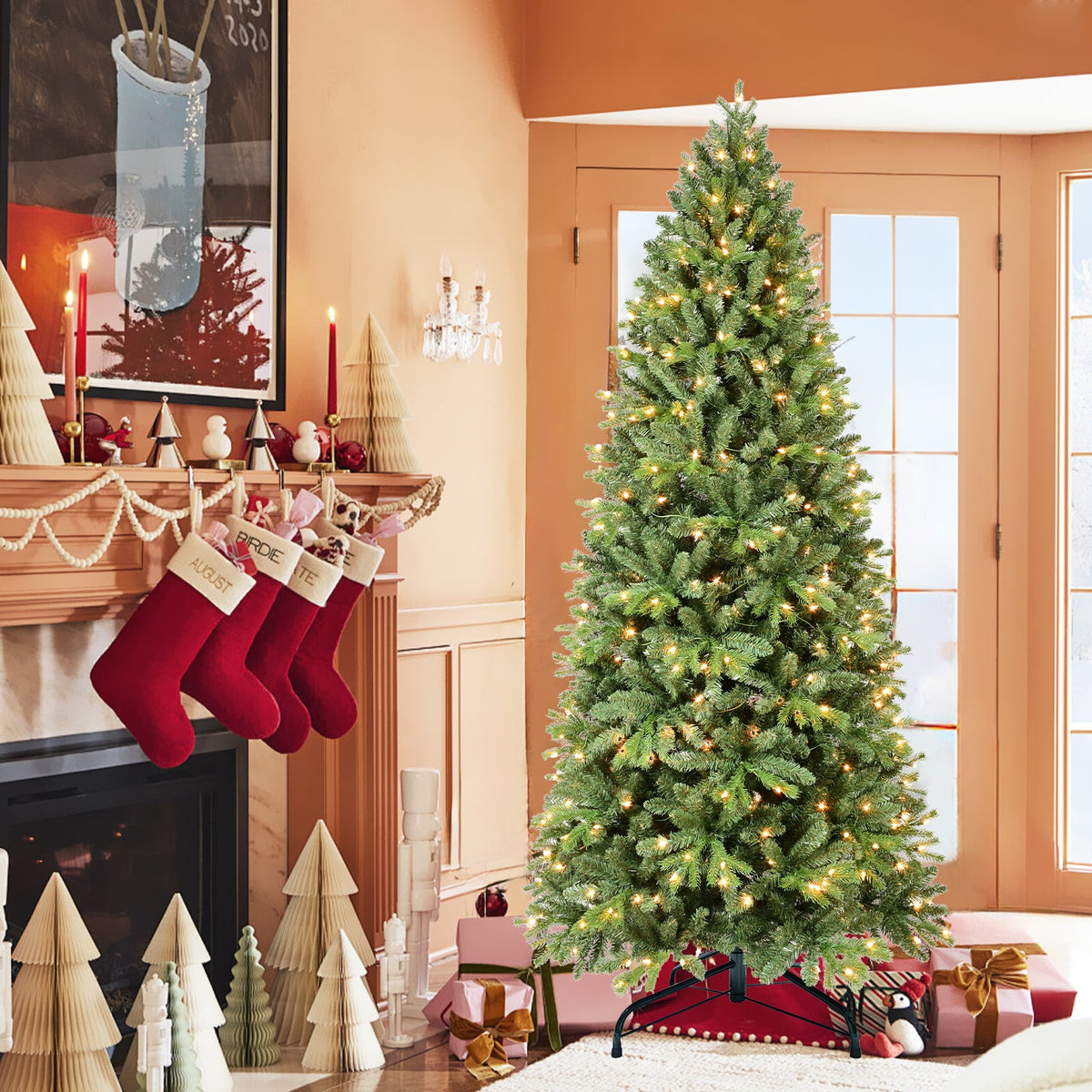 8FT Pre-Lit Slim Christmas Tree, Green, Fir Xmas 'Feel Real'