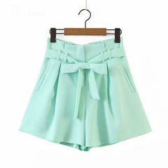 Women High Waist Pants Tie Flare Shorts With Pockes Ladies Pink Mint - Horizon Bliss