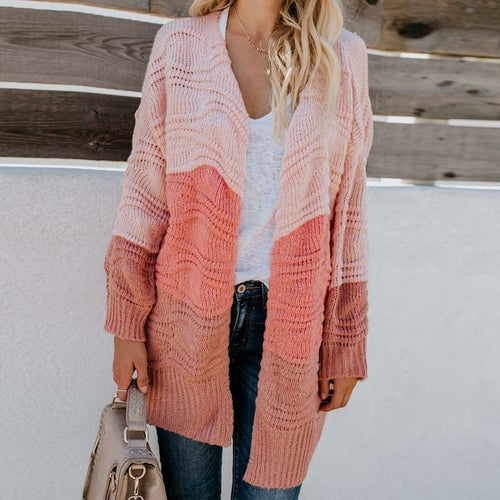 Patchwork Hit Color Knitted Long Sleeve Sweater Coat - Horizon Bliss