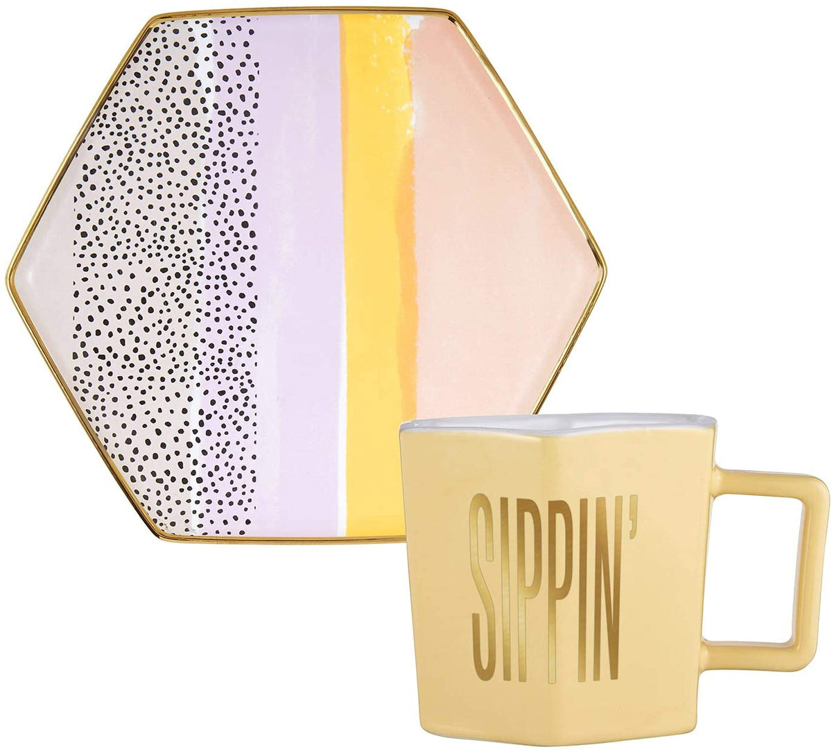 Sippin' Hexagon Mug and Saucer Set in Peach, Black Dot, and Honey