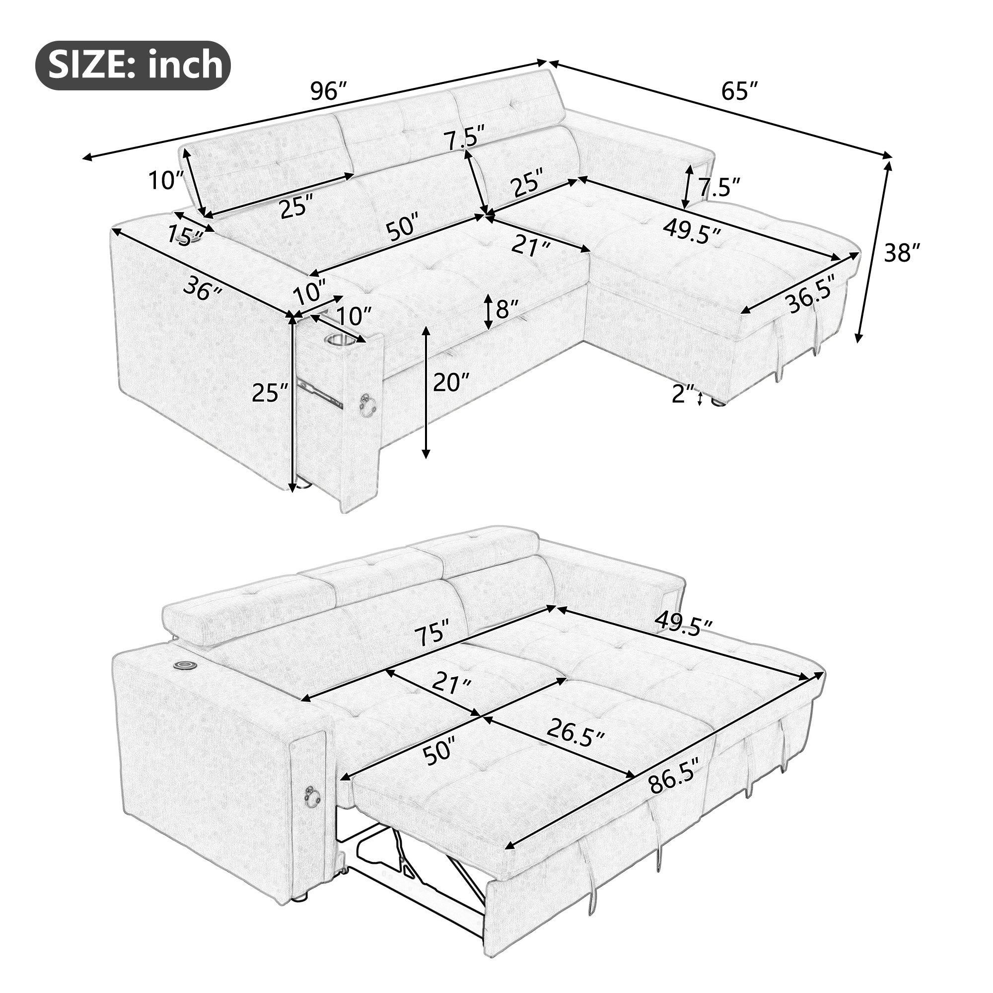 96" Multi-Functional Pull-Out Sofa Bed L-Shape Sectional Sofa with - Horizon Bliss