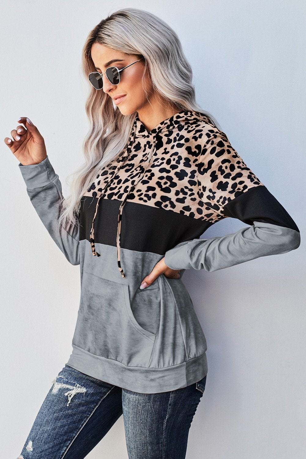 Gray Leopard Tie Dye Colorblock Hoodie - Horizon Bliss