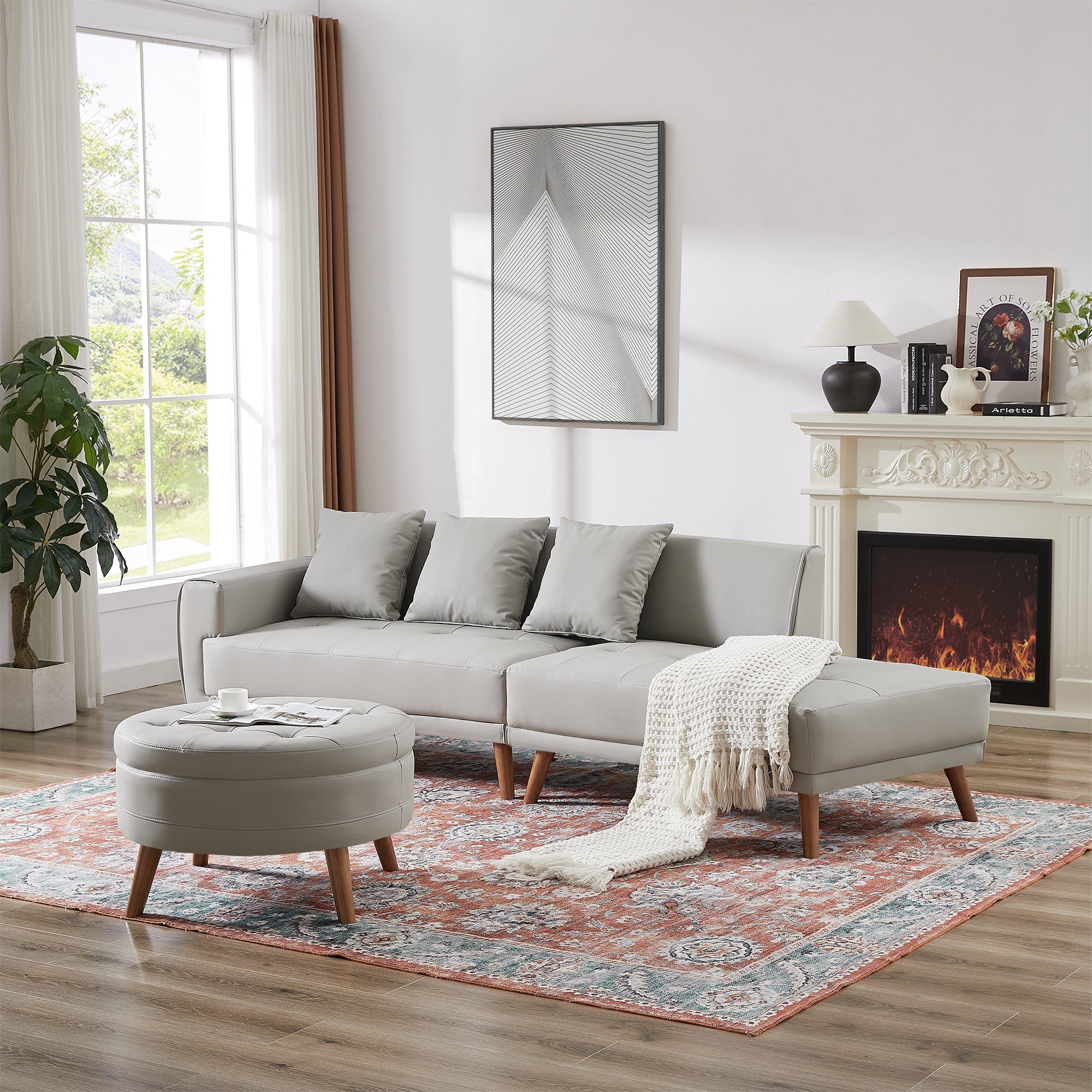 107" Contemporary Sofa Stylish Sofa Couch with a Round Storage Ottoman - Horizon Bliss