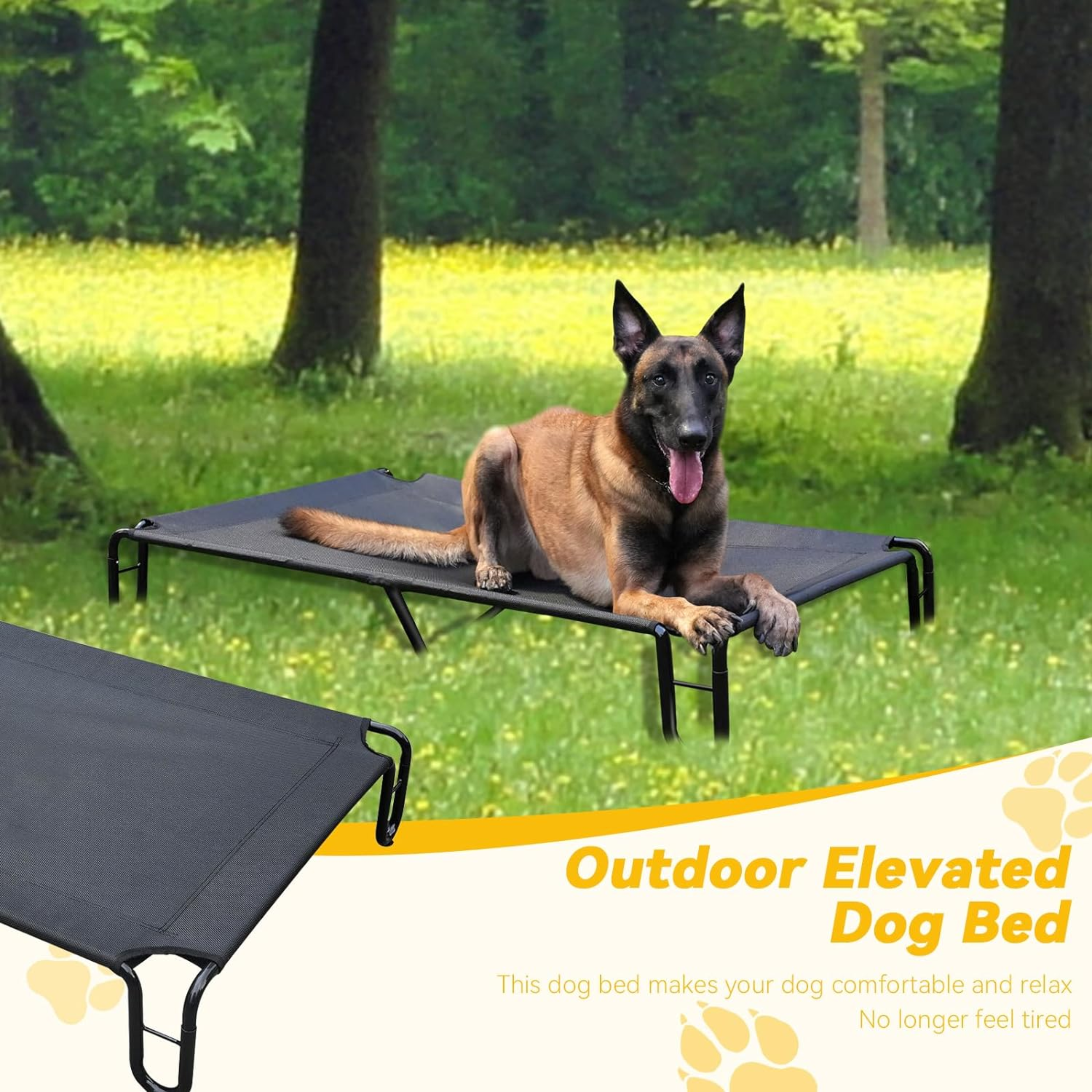 Outdoor Elevated Dog Bed,Cooling Raised Dog Cot Bed for Large Dogs,Pet Bed Waterproof with Stable Frame,Breathable Recyclable Mesh,Up to 85 lbs,Black - Horizon Bliss