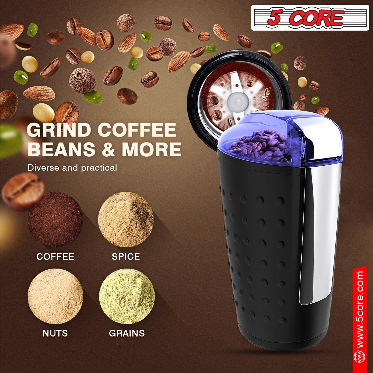 5 Core Coffee Grinder 85 Gram Capacity 150W Electric Bean Spice - Horizon Bliss