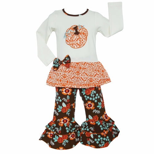 Big Girls Orange Pumpkin Autumn Floral Thanksgiving Tunic & Ruffle Pan - Horizon Bliss