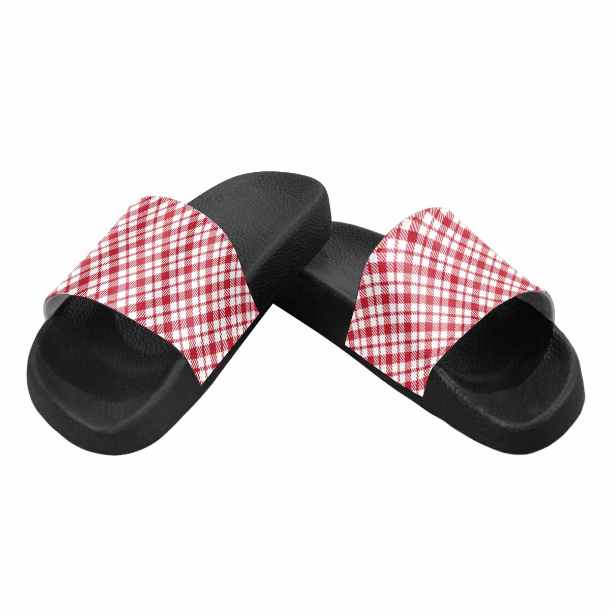 Mens Slide Sandals,      Buffalo Plaid Red And White - Horizon Bliss