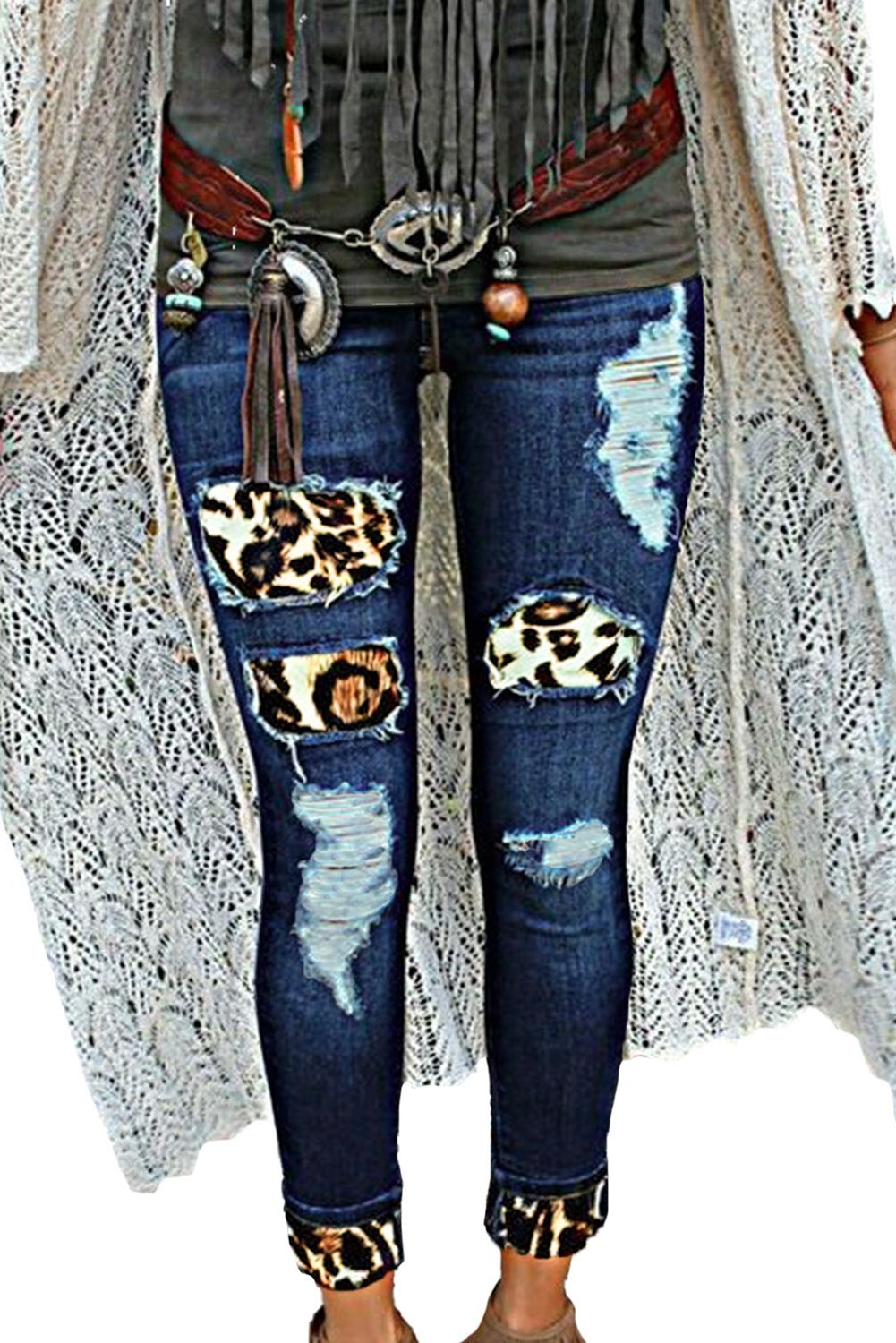 Fashion Women's Blue Hollow Out Leopard Splice Ripped Jeans - Horizon Bliss