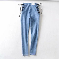 Vintage Skinny Zipper High Waist Cross Lacing up Jeans Women Slim Fit - Horizon Bliss