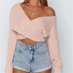 Pink Fluffy Knitted Sweater V-neck Wrap Front Cropped Pullovers - Horizon Bliss