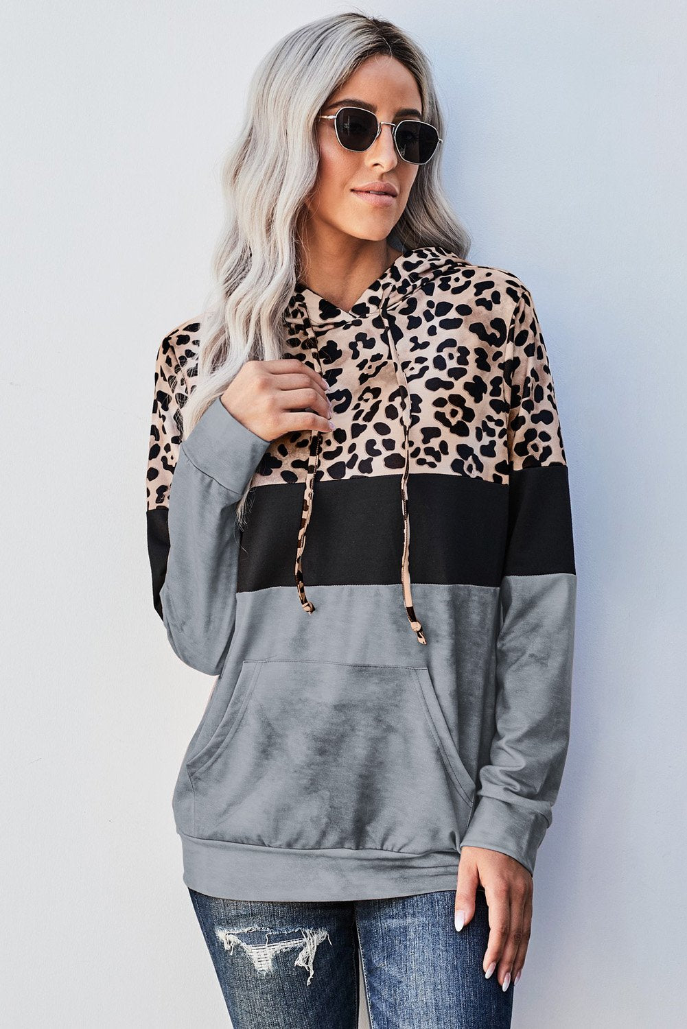 Gray Leopard Tie Dye Colorblock Hoodie - Horizon Bliss