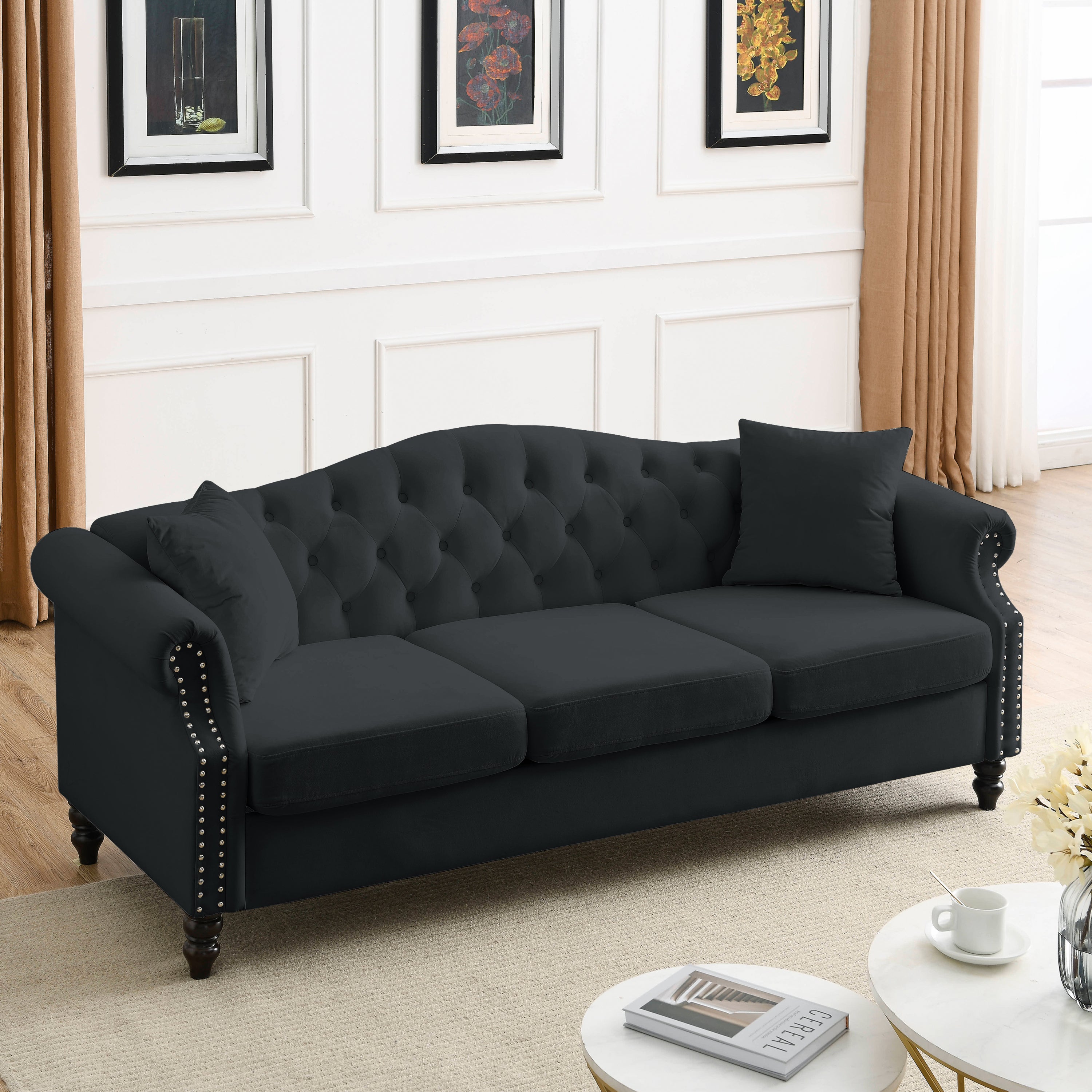 79" Chesterfield Sofa Black Velvet for Living Room, 3 Seater Sofa - Horizon Bliss