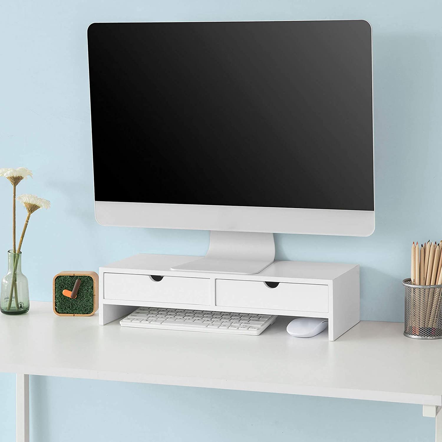 VIKUS White Monitor Stand Desk Organizer with 2 Drawers