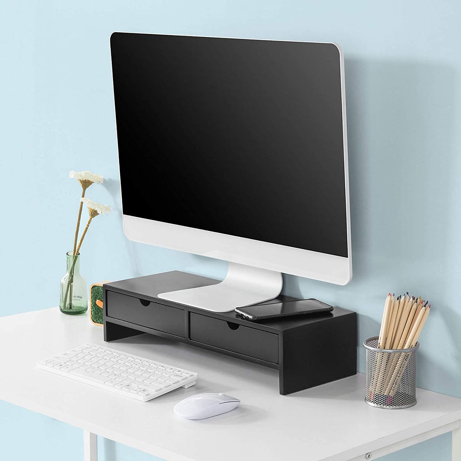 VIKUS Black Monitor Stand Desk Organizer with 2 Drawers