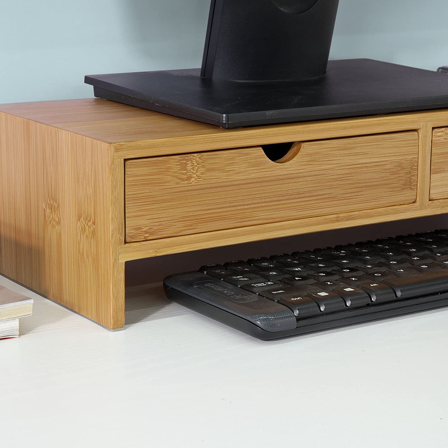 VIKUS Bamboo Monitor Stand Desk Organizer with 2 Drawers