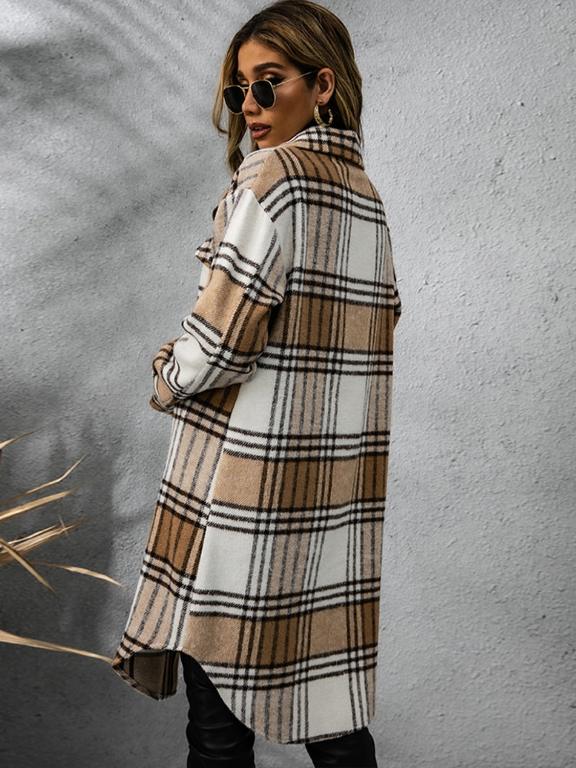 Plaid Collared Neck Long Sleeve Coat