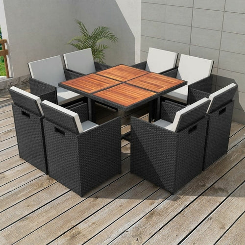 9 Piece Outdoor Dining Set with Cushions Poly Rattan Black - Horizon Bliss