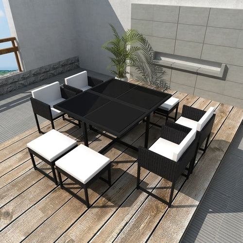 9 Piece Outdoor Dining Set with Cushions Poly Rattan Black - Horizon Bliss