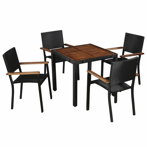 5 Piece Outdoor Dining Set Poly Rattan and Acacia Wood Black - Horizon Bliss