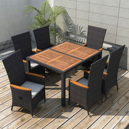 7 Piece Outdoor Dining Set Poly Rattan Acacia Wood Black - Horizon Bliss