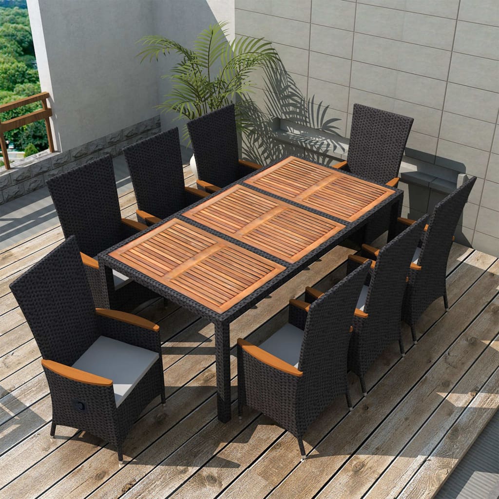 7 Piece Outdoor Dining Set Poly Rattan Acacia Wood Black - Horizon Bliss