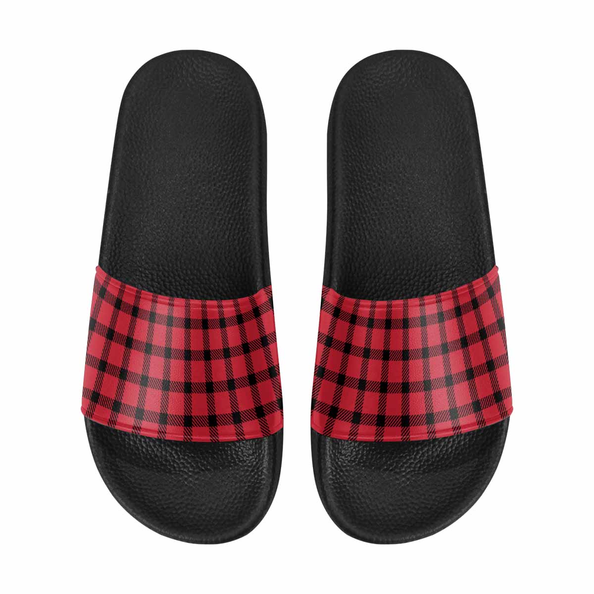 Mens Slide Sandals,      Buffalo Plaid Red And Black - Horizon Bliss