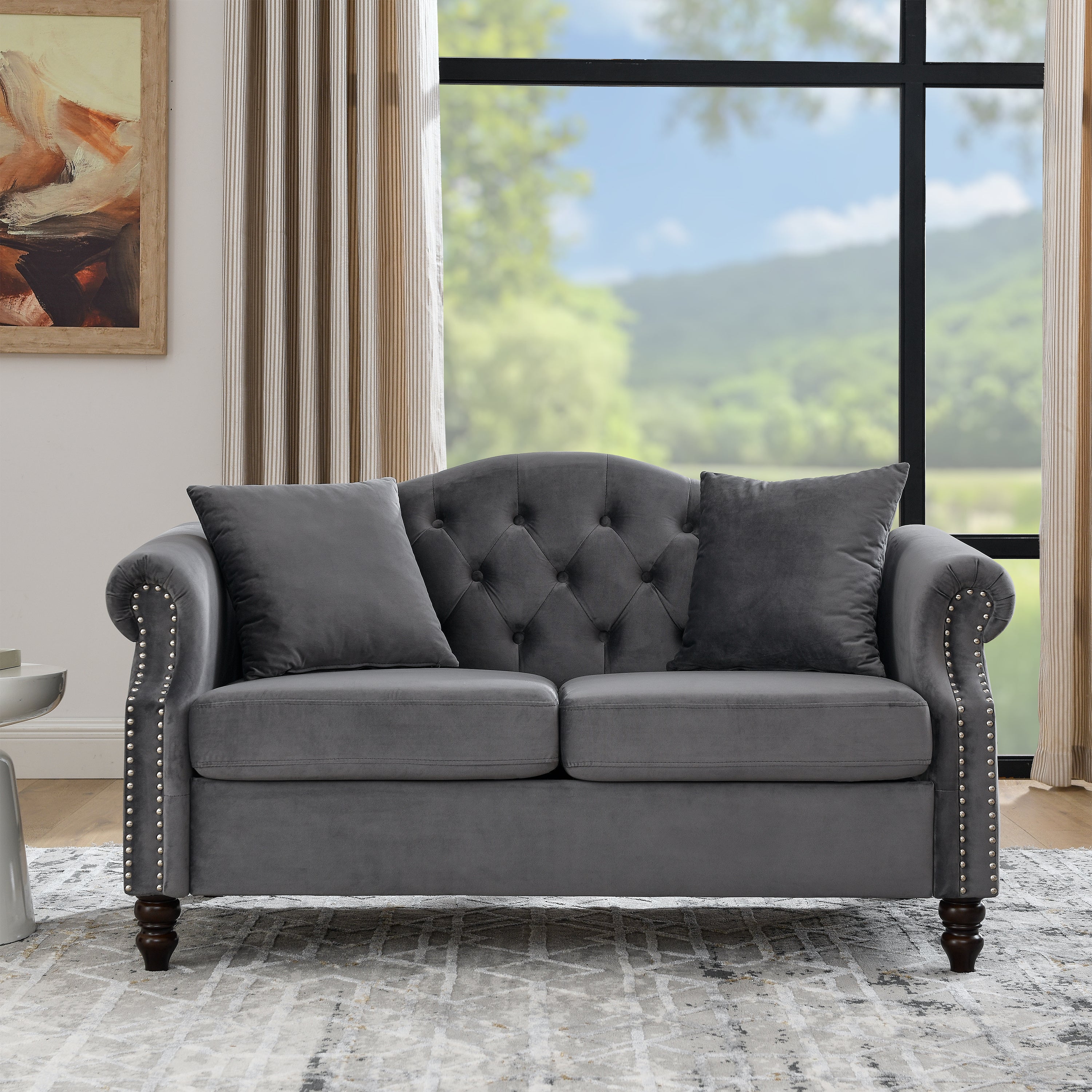 57" Chesterfield Sofa Grey Velvet for Living Room, 2 Seater Sofa - Horizon Bliss