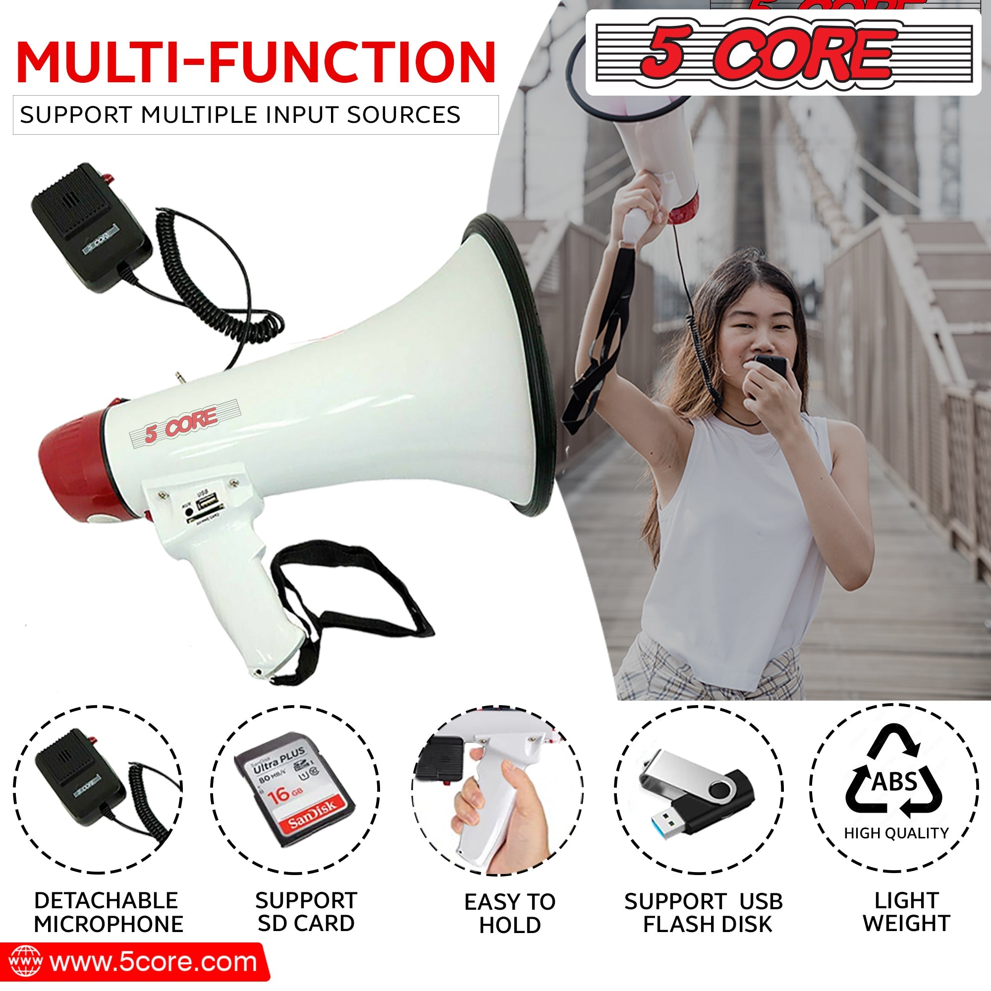 5 Core Portable Megaphone Speaker Battery Power 40W Bullhorn w Siren • - Horizon Bliss