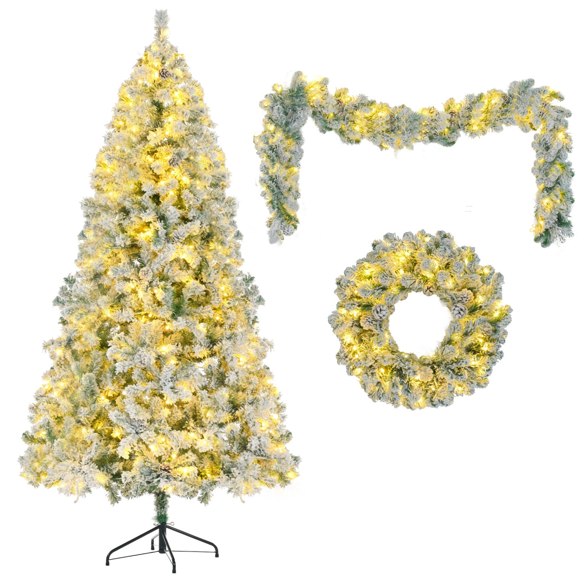 6FT Snow Flocked Christmas Tree, Pre-Lit Set with Tree & Garland &