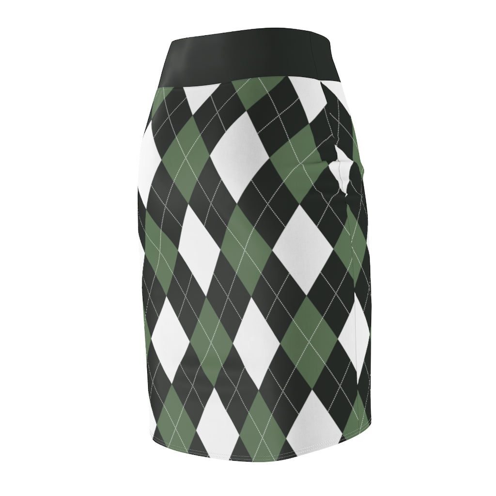 Womens Pencil Skirt, Green And White Argyle Stretch Mini, S510537 - Horizon Bliss