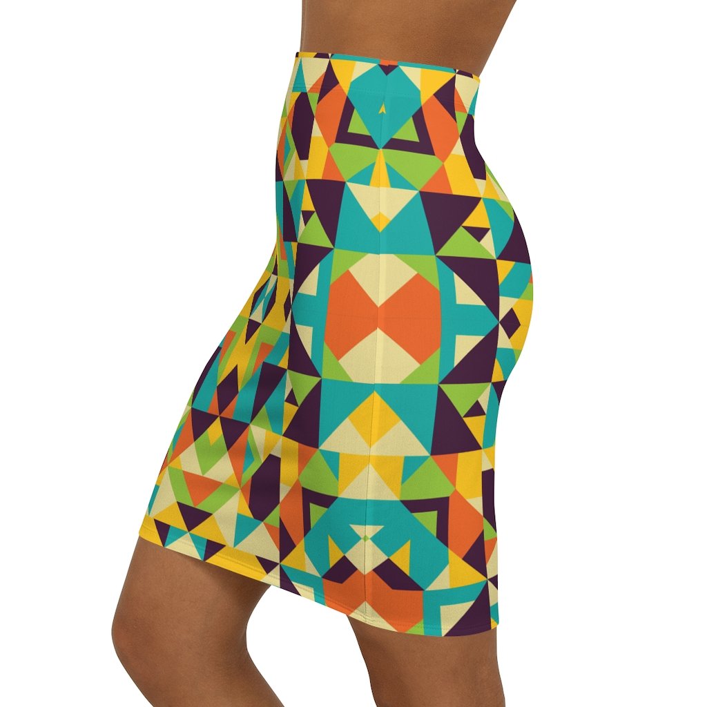 Womens Skirt, Yellow Multicolor Geometric Style Skirt - Horizon Bliss