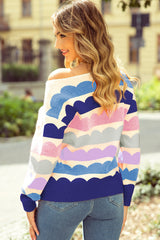 Dark Blue Wave Striped Balloon Sleeve Drop Shoulder Sweater