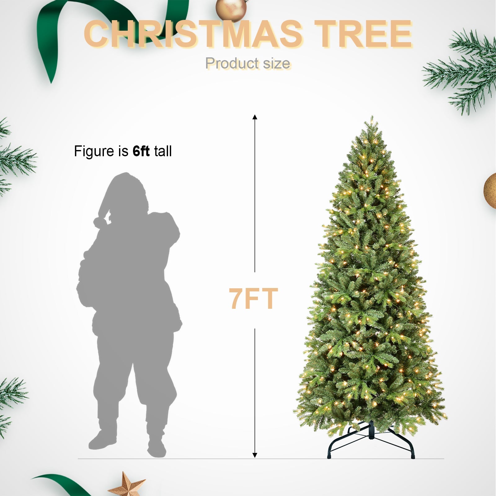 8FT Pre-Lit Slim Christmas Tree, Green, Fir Xmas 'Feel Real'