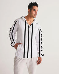 Mens Hooded Windbreaker - Blessed Sleeve Stripe White Water Resistant - Horizon Bliss