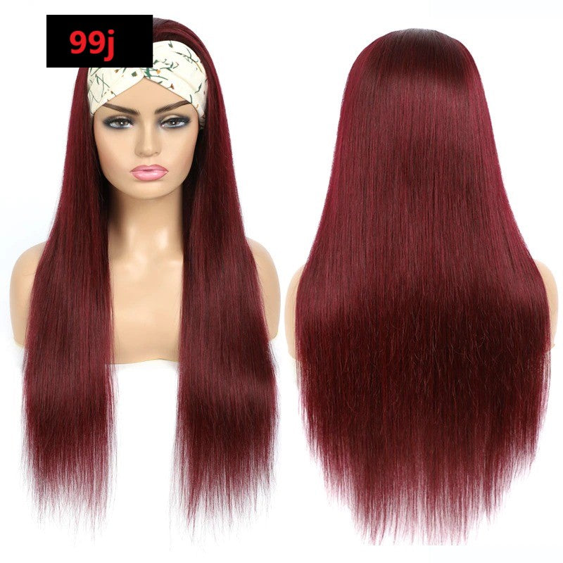 Burgundy Headband Straight Human Hair Wig #99J  Scarf Wig No GLUE Easy - Horizon Bliss